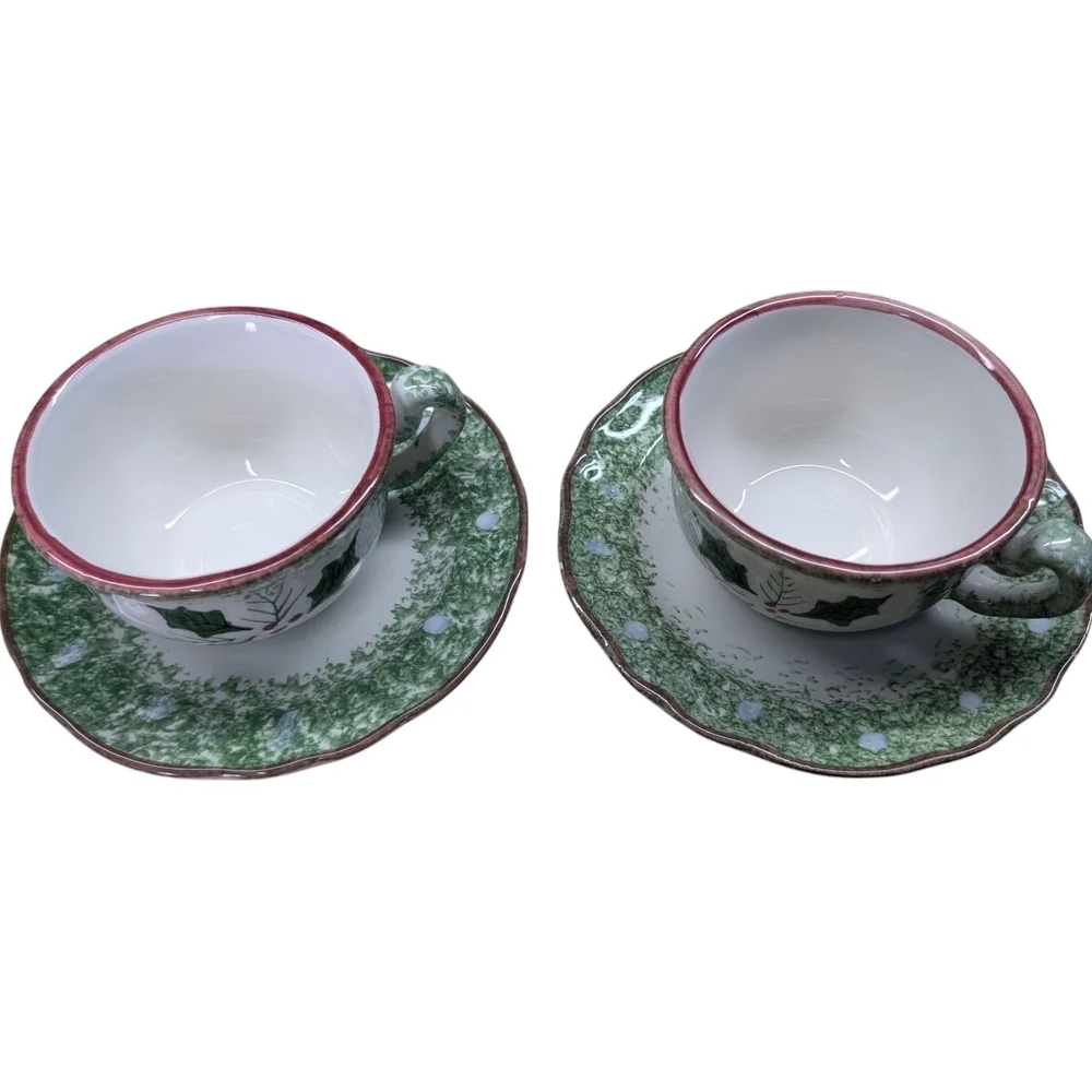 Festive Green White Holly Mistletoe Teacup Set Matching Cups Saucers Coffee Tea